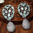 Rhodium-Plated Gunmetal Toned Sea Green American Diamond Teardrop Shaped Drop Earrings