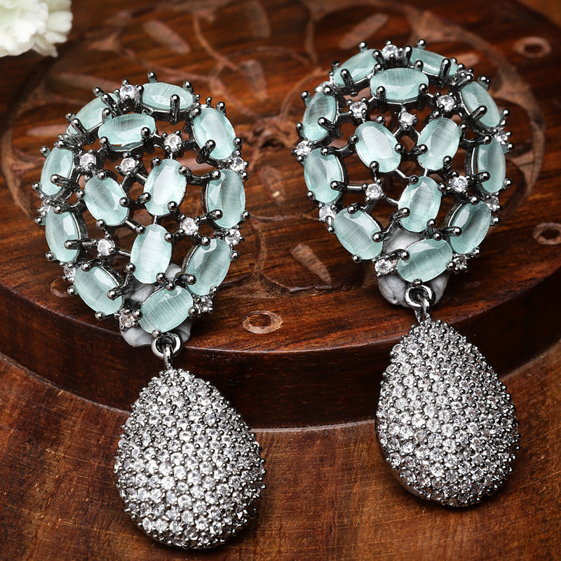 Rhodium-Plated Gunmetal Toned Sea Green American Diamond Teardrop Shaped Drop Earrings