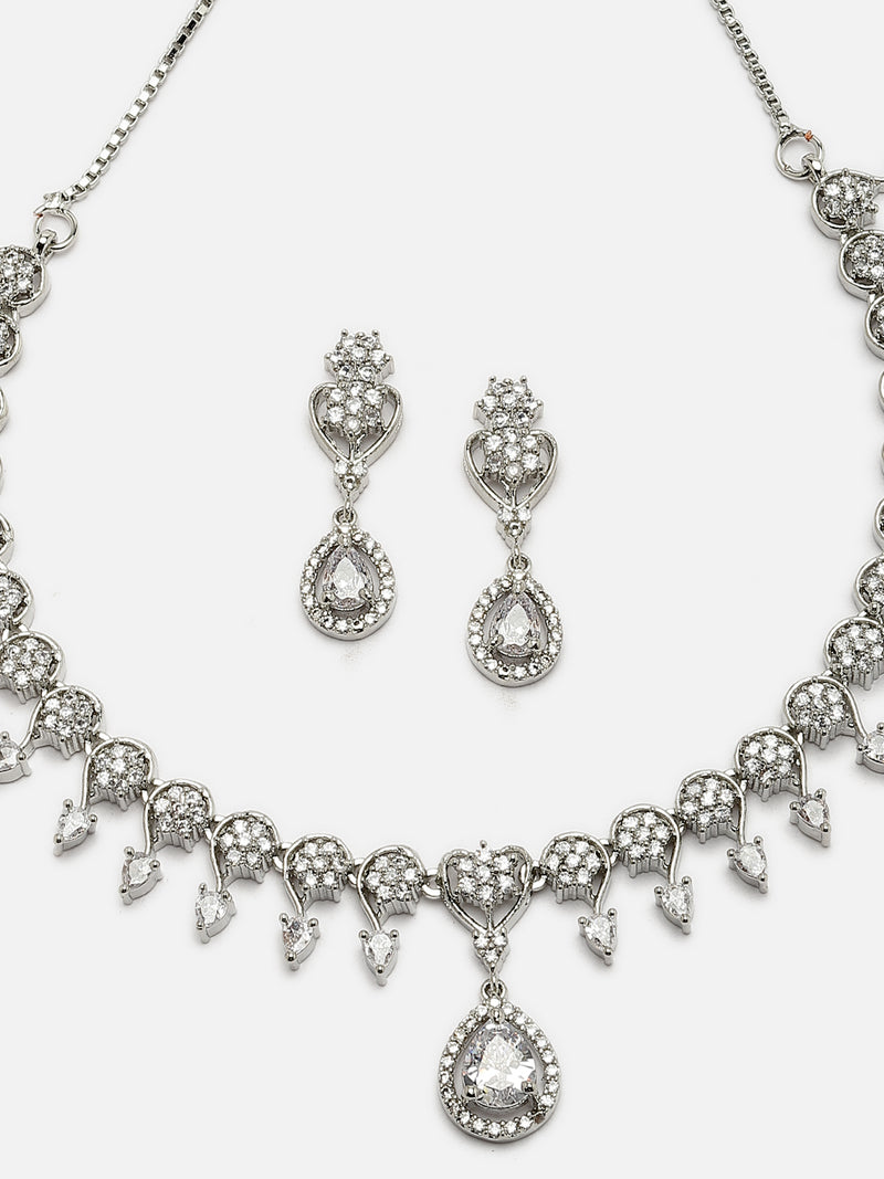 Rhodium-Plated White American Diamond Studded Floral & Teardrop Shaped Necklace & Earrings Jewellery Set