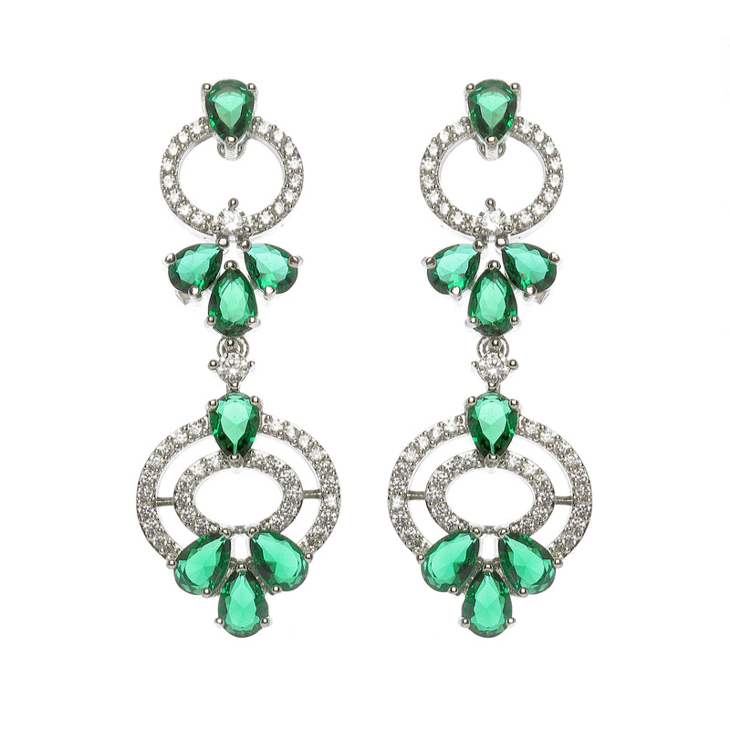 Rhodium-Plated Green Oval American Diamond Studded Circular Shaped Necklace & Earrings Jewellery Set