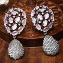 Rhodium-Plated Gunmetal Toned Pink American Diamond Teardrop Shaped Drop Earrings
