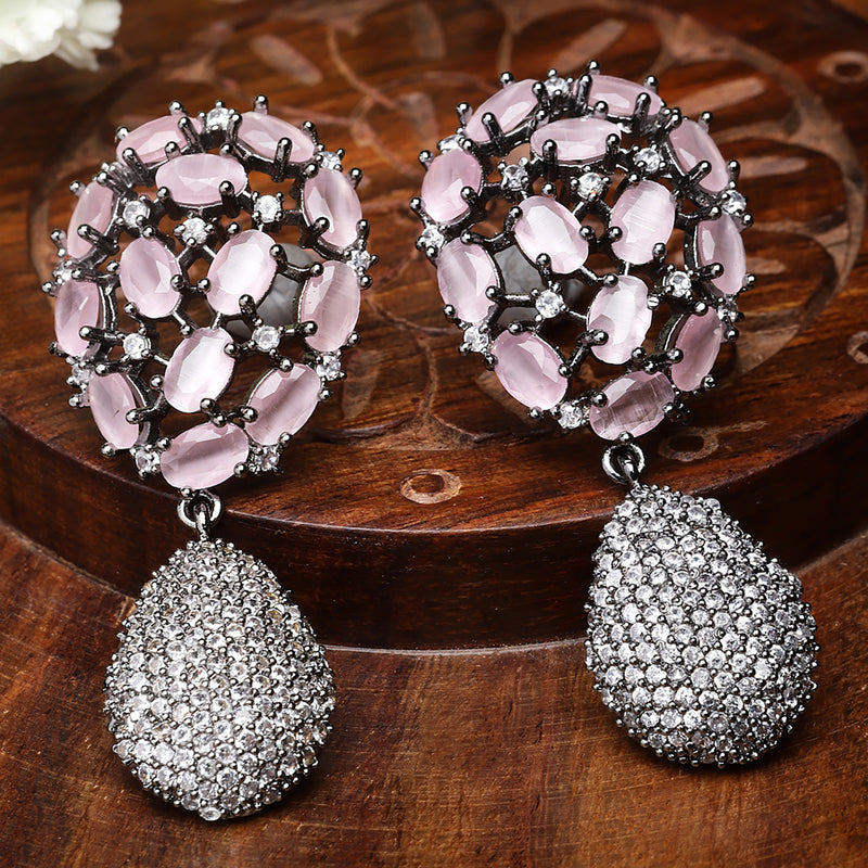 Rhodium-Plated Gunmetal Toned Pink American Diamond Teardrop Shaped Drop Earrings