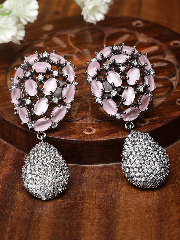 Rhodium-Plated Gunmetal Toned Pink American Diamond Teardrop Shaped Drop Earrings