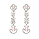 Rhodium-Plated Pink American Diamond Studded Floral Tasselled Necklace & Earrings Jewellery Set