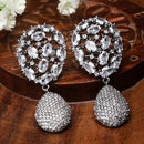 Rhodium-Plated Gunmetal Toned White American Diamond Teardrop Shaped Drop Earrings