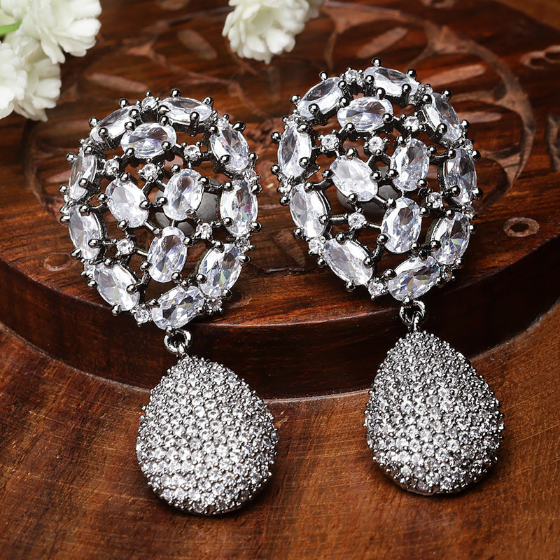 Rhodium-Plated Gunmetal Toned White American Diamond Teardrop Shaped Drop Earrings