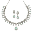 Rhodium-Plated Sea Green American Diamond Studded Floral & Teardrop Shaped Necklace & Earrings Jewellery Set