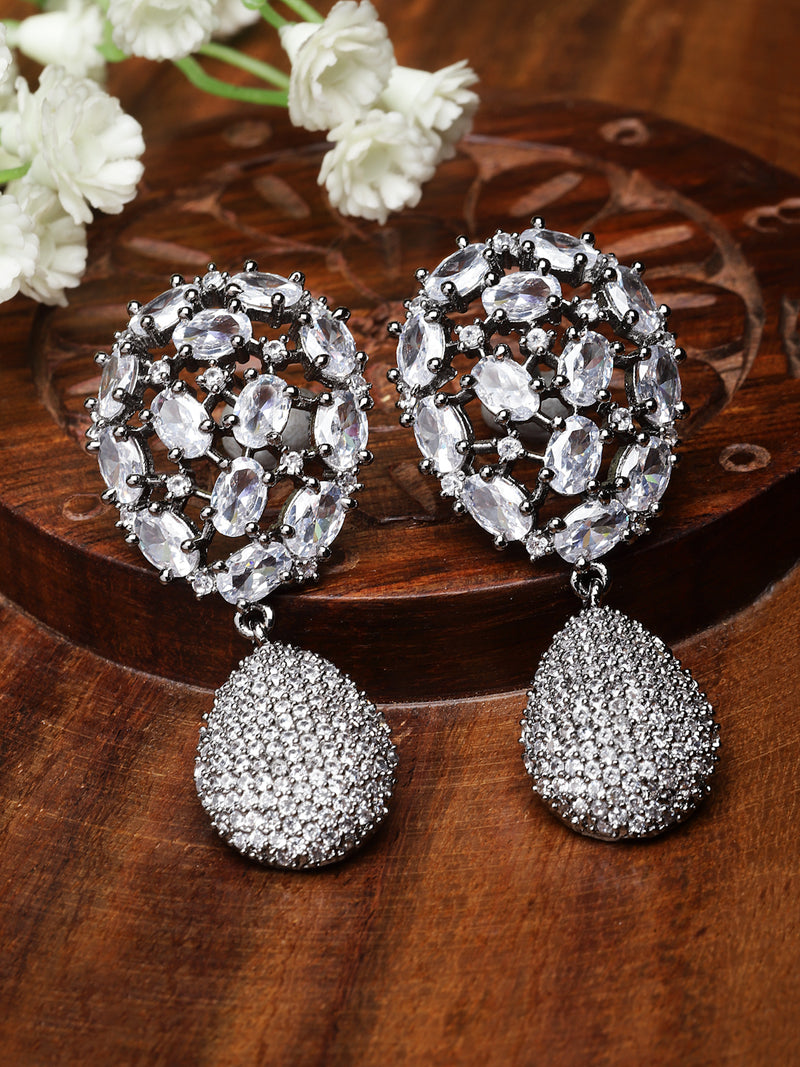 Rhodium-Plated Gunmetal Toned White American Diamond Teardrop Shaped Drop Earrings