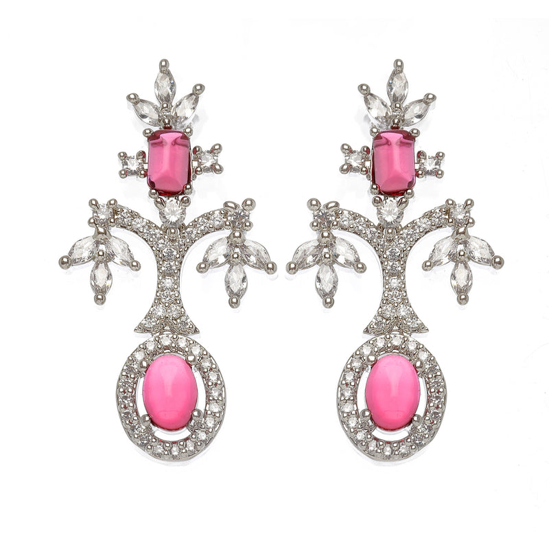 Rhodium-Plated Red American Diamond Studded Designer Necklace & Earrings Jewellery Set