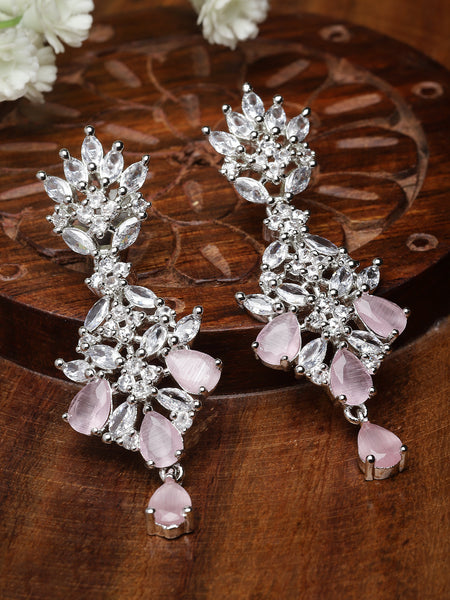Rhodium-Plated Silver Toned Pink American Diamond studded Spiked Shaped Drop Earrings