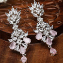 Rhodium-Plated Silver Toned Pink American Diamond studded Spiked Shaped Drop Earrings
