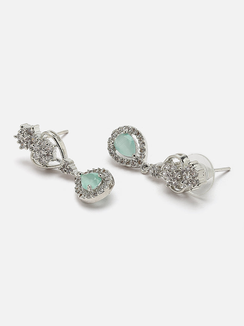 Rhodium-Plated Sea Green American Diamond Studded Floral & Teardrop Shaped Necklace & Earrings Jewellery Set