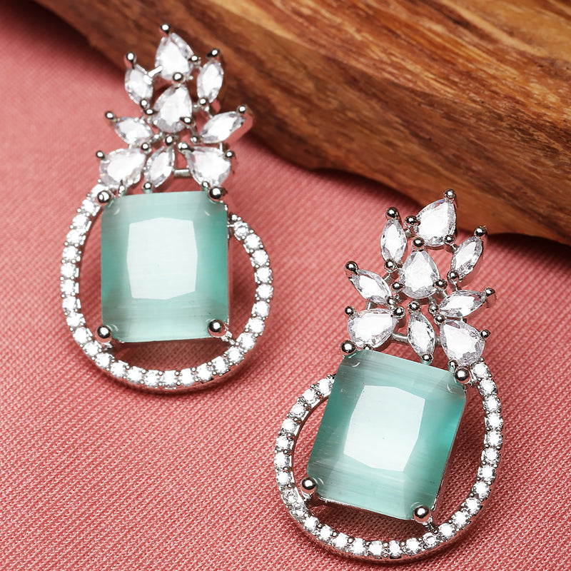 Rhodium-Plated Silver Toned American Diamond studded Paisley Shaped Studs Earrings