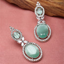 Rhodium-Plated Silver Toned Pink & White American Diamond studded Oval Shaped Drop Earrings