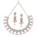 Rhodium-Plated Pink American Diamond Studded Teardrop & Crescent Shaped Necklace with Earrings Jewellery Set