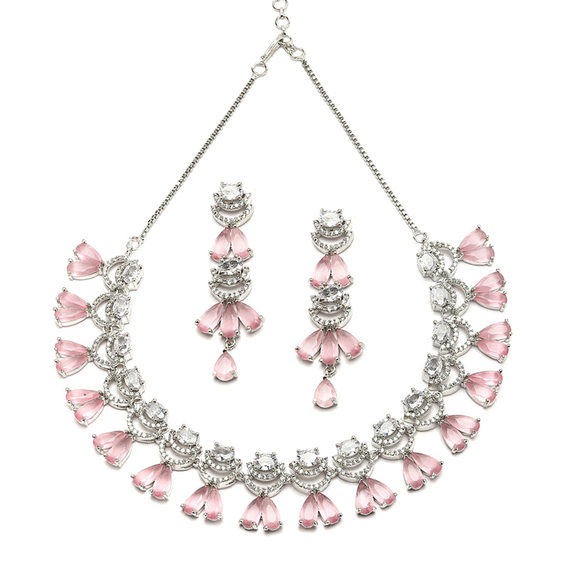 Rhodium-Plated Pink American Diamond Studded Teardrop & Crescent Shaped Necklace with Earrings Jewellery Set