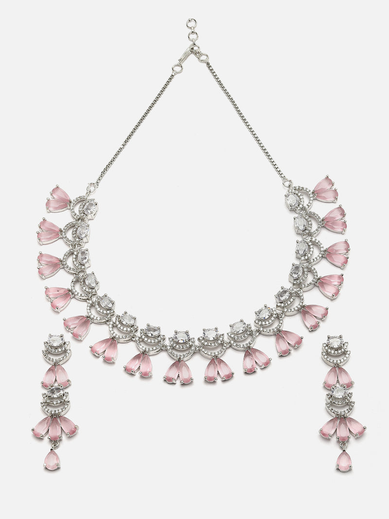 Rhodium-Plated Pink American Diamond Studded Teardrop & Crescent Shaped Necklace with Earrings Jewellery Set