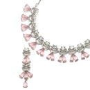 Rhodium-Plated Pink American Diamond Studded Teardrop & Crescent Shaped Necklace with Earrings Jewellery Set