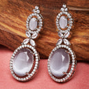 Rhodium-Plated Silver Toned Pink & White American Diamond studded Oval Shaped Drop Earrings