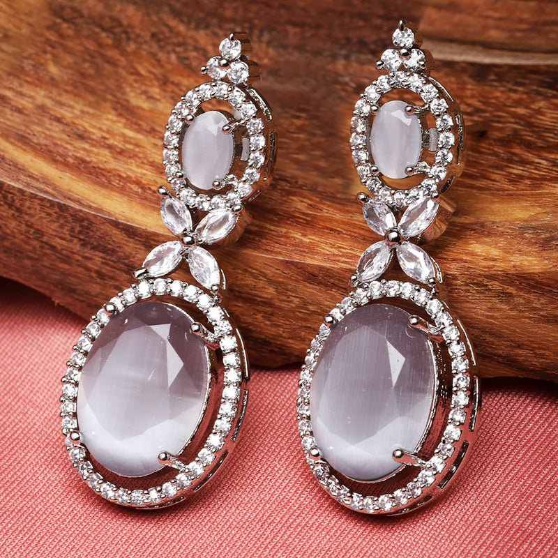 Rhodium-Plated Silver Toned Pink & White American Diamond studded Oval Shaped Drop Earrings