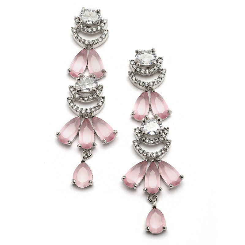Rhodium-Plated Pink American Diamond Studded Teardrop & Crescent Shaped Necklace with Earrings Jewellery Set