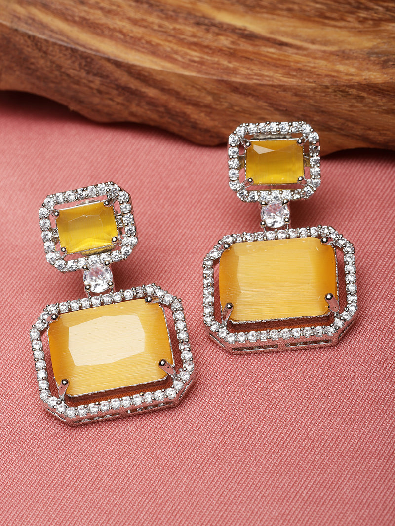 Rhodium-Plated Silver Toned Yellow & White American Diamond studded Square Shaped Drop Earrings