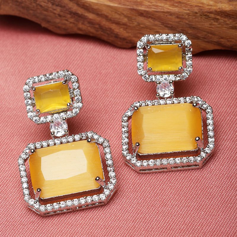 Rhodium-Plated Silver Toned Yellow & White American Diamond studded Square Shaped Drop Earrings