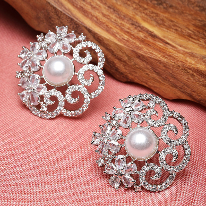 Rhodium-Plated Silver Toned White American Diamond studded Floral Shaped Studs Earrings