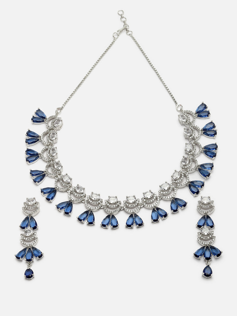 Rhodium-Plated Navy Blue American Diamond Studded Teardrop & Crescent Shaped Necklace with Earrings Jewellery Set