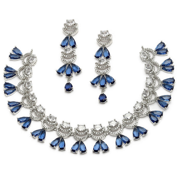 Rhodium-Plated Navy Blue American Diamond Studded Teardrop & Crescent Shaped Necklace with Earrings Jewellery Set