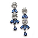 Rhodium-Plated Navy Blue American Diamond Studded Teardrop & Crescent Shaped Necklace with Earrings Jewellery Set