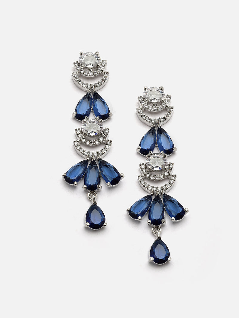 Rhodium-Plated Navy Blue American Diamond Studded Teardrop & Crescent Shaped Necklace with Earrings Jewellery Set