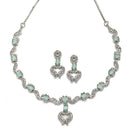 Rhodium-Plated Sea Green American Diamond Studded Heart Shaped Necklace & Earrings Jewellery Set