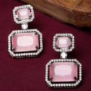 Rhodium-Plated Silver Toned Pink & White American Diamond studded Square Shaped Drop Earrings