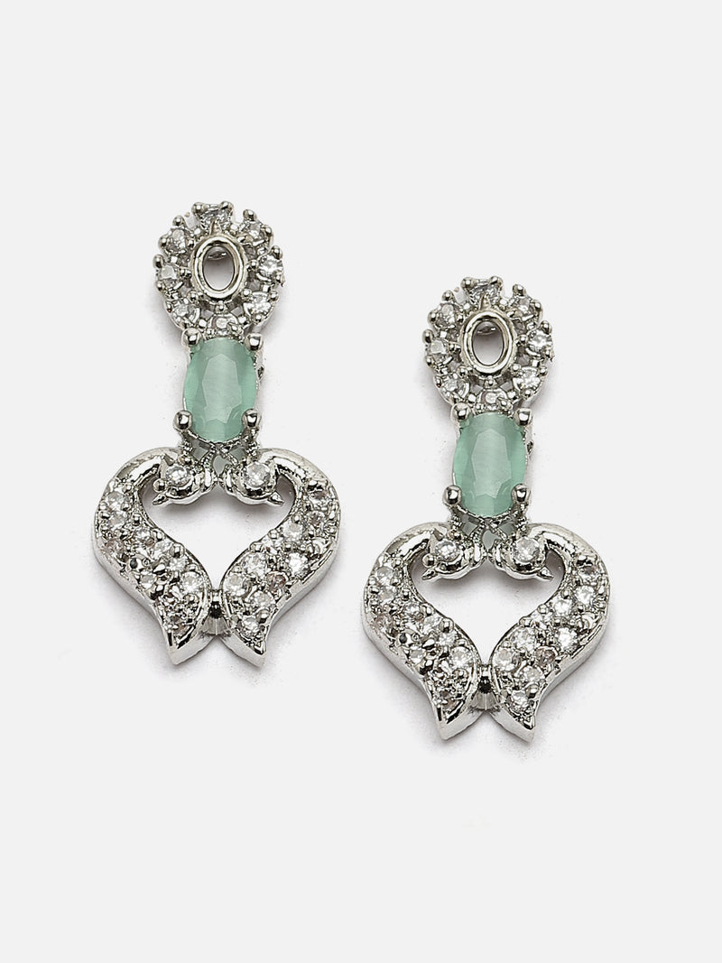 Rhodium-Plated Sea Green American Diamond Studded Heart Shaped Necklace & Earrings Jewellery Set