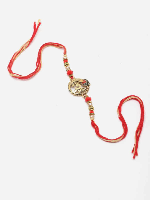 Traditional Gold-Plated Om With Enamelled Mor Pankh Rakhi