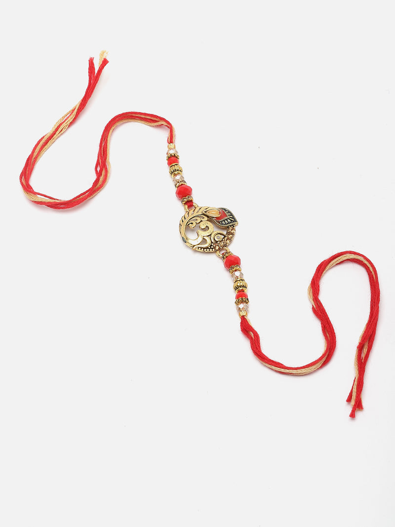 Traditional Gold-Plated Om With Enamelled Mor Pankh Rakhi