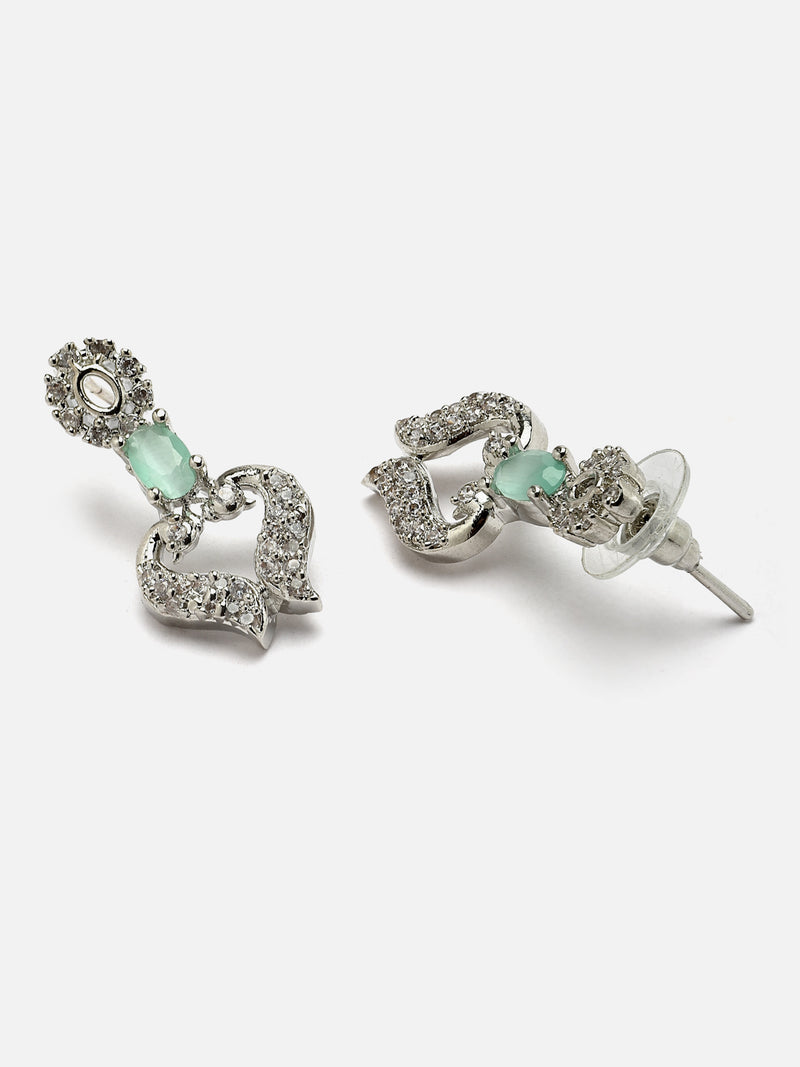 Rhodium-Plated Sea Green American Diamond Studded Heart Shaped Necklace & Earrings Jewellery Set
