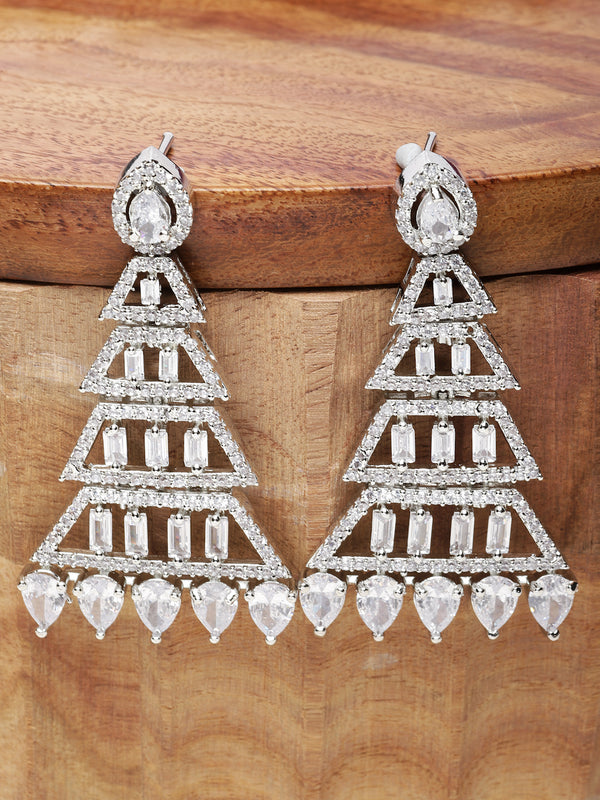 Rhodium-Plated Silver Toned White American Diamond studded Triangular Shaped Drop Earrings
