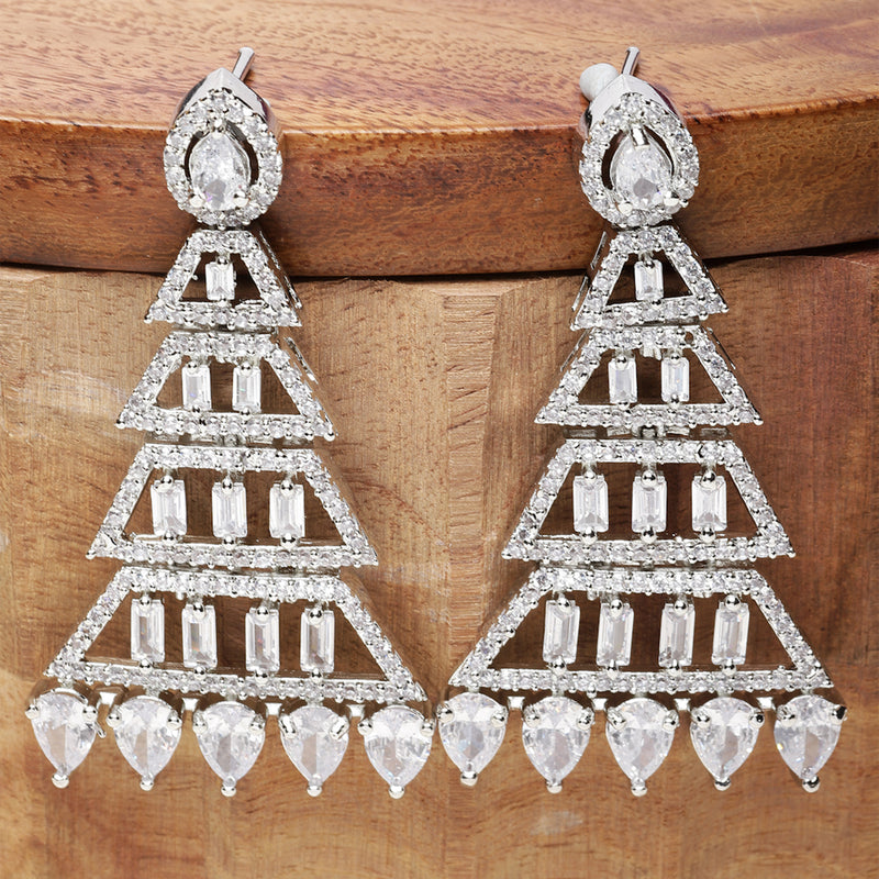 Rhodium-Plated Silver Toned White American Diamond studded Triangular Shaped Drop Earrings
