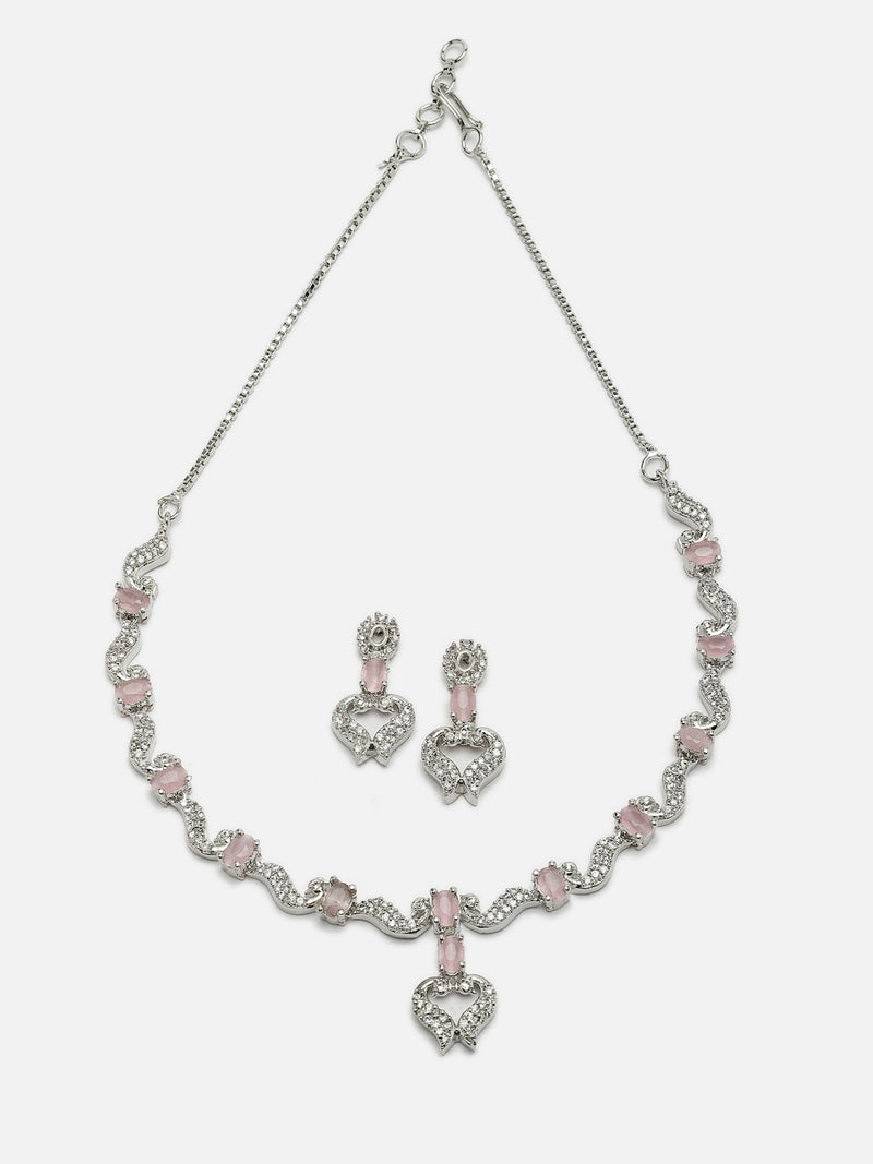 Rhodium-Plated Pink American Diamond Studded Heart Shaped Necklace & Earrings Jewellery Set
