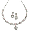 Rhodium-Plated Pink American Diamond Studded Heart Shaped Necklace & Earrings Jewellery Set