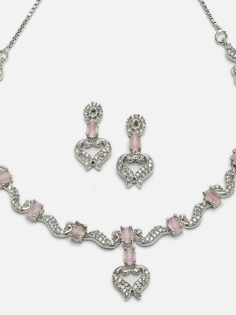 Rhodium-Plated Pink American Diamond Studded Heart Shaped Necklace & Earrings Jewellery Set