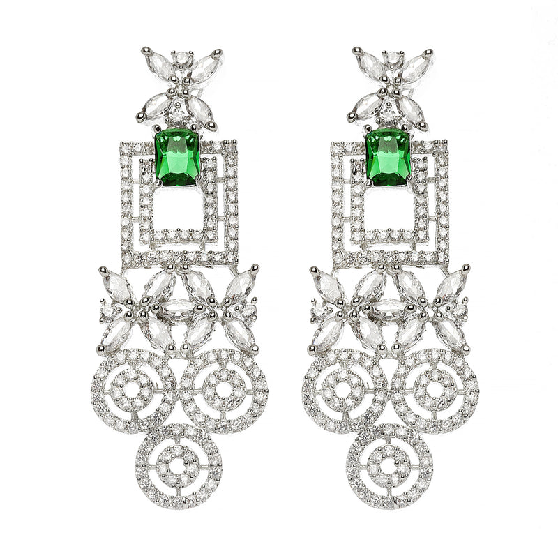 Rhodium-Plated Green & White American Diamonds Studded Squarish Shaped Necklace & Earrings Jewellery Set
