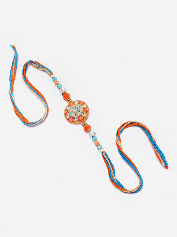Traditional Orange Artificial Beads & Stones Studded Rakhi