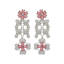 Rhodium-Plated Red Cubic Zirconia Studded Floral Theme Necklace & Earrings Jewellery Set
