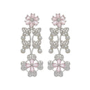 Rhodium-Plated Pink Cubic Zirconia Studded Floral Theme Necklace & Earrings Jewellery Set