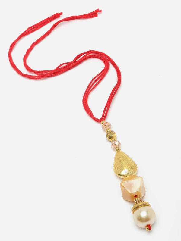 Gold-Plated Stone & White Pearl Studded Lumba Rakhi For Bhabhi