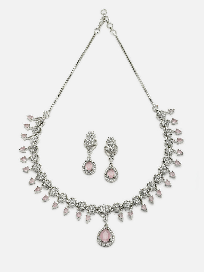 Rhodium-Plated Pink American Diamond Studded Floral & Teardrop Shaped Necklace & Earrings Jewellery Set