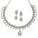 Rhodium-Plated Pink American Diamond Studded Floral & Teardrop Shaped Necklace & Earrings Jewellery Set